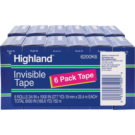 Highland 3/4"W Matte-finish Invisible Tape - 27.78 yd Length x 0.75" Width - 1" Core - Matte - Clear - For Mending, Holding, Splicing - 6/Pack - 2 / Bundle