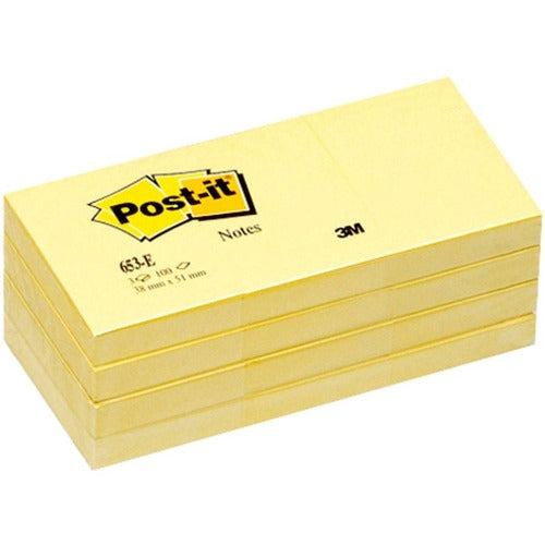 Post-it® Notes Original Notepads - 1 3/8" Flag/Note Width x 1 7/8" Flag/Note Length - Rectangle - 100 Sheets per Pad - Unruled - Canary Yellow - Paper - Self-adhesive, Repositionable - 12/Pack - 2 / Bundle