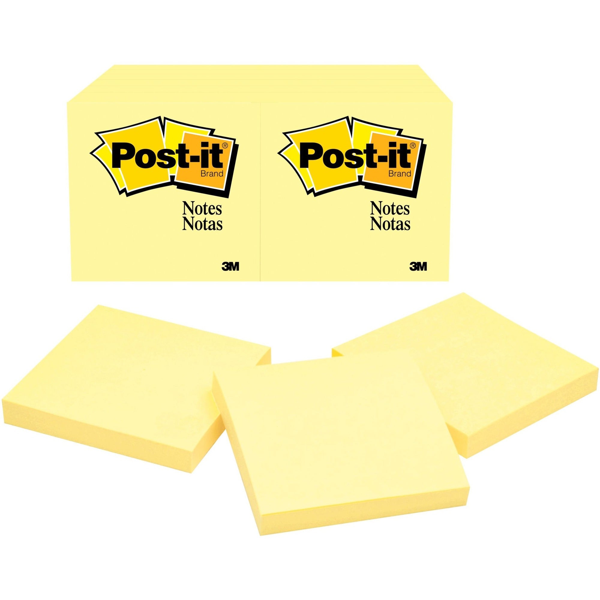 Post-it® Notes Original Notepads - 3" Flag/Note Width x 3" Flag/Note Length - Square - 100 Sheets per Pad - Unruled - Canary Yellow - Paper - Self-adhesive, Repositionable - 12/Pack - 2 / Bundle