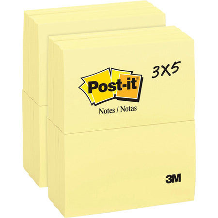 Post-it® Notes Original Notepads - 3" Flag/Note Width x 5" Flag/Note Length - Rectangle - 100 Sheets per Pad - Unruled - Canary Yellow - Paper - Self-adhesive, Repositionable - 12/Pack - 2 / Bundle