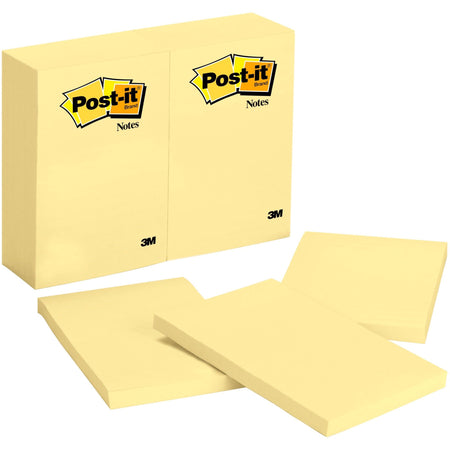 Post-it® Notes Original Notepads - 4" Flag/Note Width x 6" Flag/Note Length - Rectangle - 100 Sheets per Pad - Unruled - Canary Yellow - Paper - Self-adhesive, Repositionable - 12/Pack - 2 / Bundle