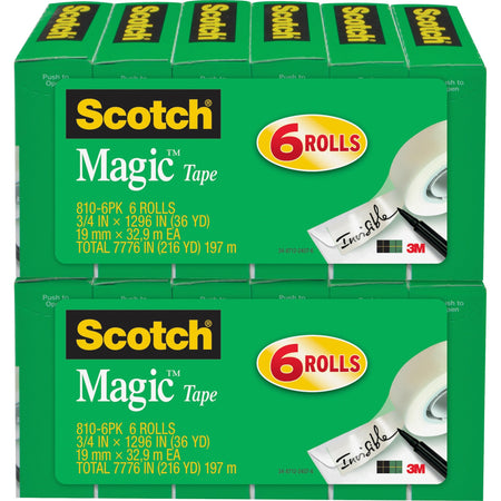 Scotch 3/4"W Magic Tape - 36 yd Length x 0.75" Width - 1" Core - Matte - Clear - Split Resistant, Tear Resistant - For Mending, Splicing - 6/Pack - 2 / Bundle