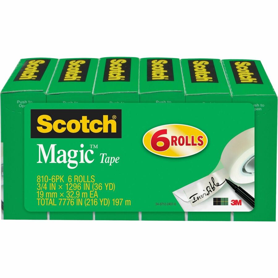 Scotch 3/4"W Magic Tape - 36 yd Length x 0.75" Width - 1" Core - Matte - Clear - Split Resistant, Tear Resistant - For Mending, Splicing - 6/Pack - 2 / Bundle