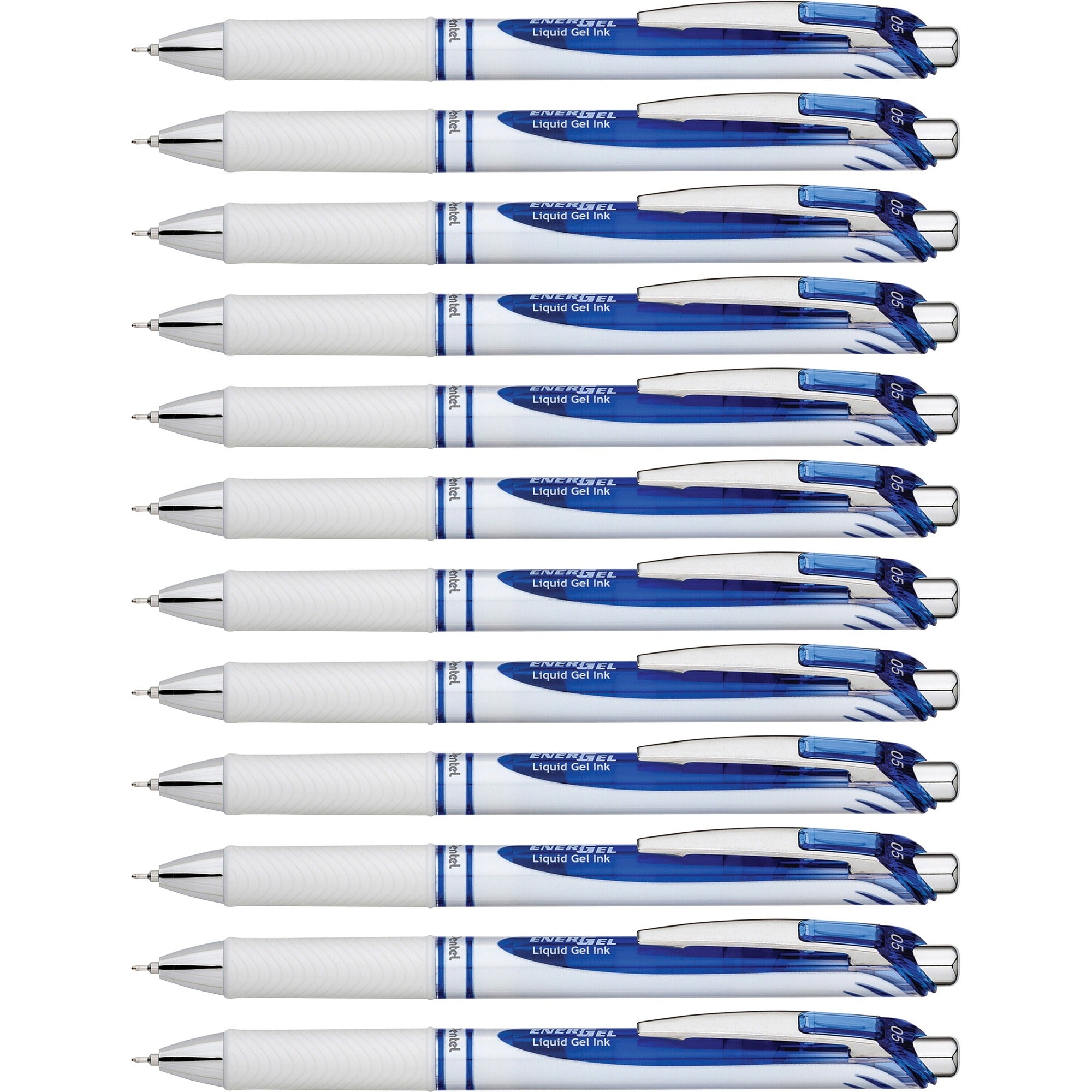 EnerGel EnerGel Pearl Liquid Gel Pens - 0.5 mm Fine Needle Pen Point - Refillable - Retractable - Blue Ink - Gel-based - Pearl White Stainless Steel Barrel - 1 Dozen
