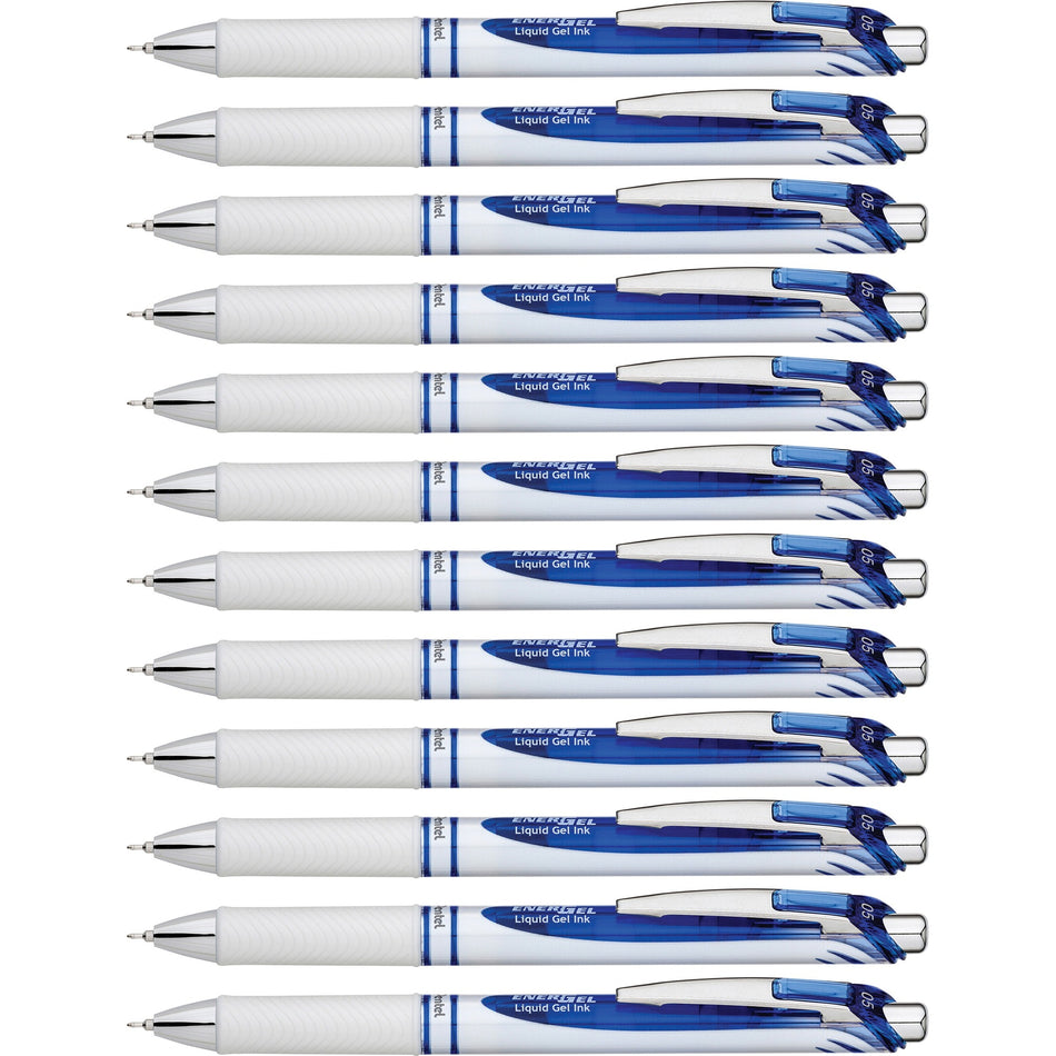 EnerGel EnerGel Pearl Liquid Gel Pens - 0.5 mm Fine Needle Pen Point - Refillable - Retractable - Blue Ink - Gel-based - Pearl White Stainless Steel Barrel - 1 Dozen