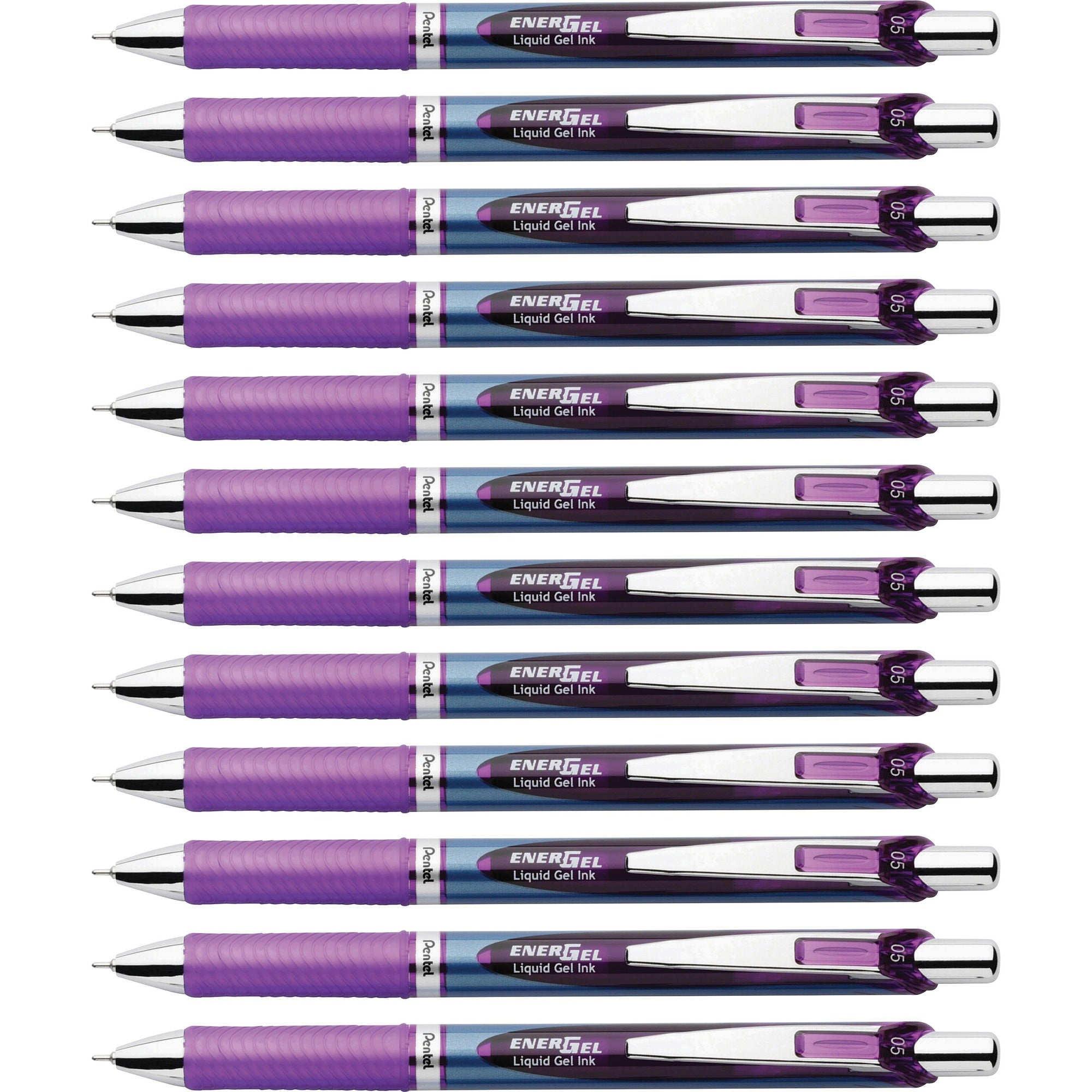 EnerGel EnerGel RTX Liquid Gel Pens - 0.5 mm Fine Needle Pen Point - Refillable - Retractable - Violet Ink - Gel-based - Blue Stainless Steel Barrel - Metal Tip - 1 Dozen