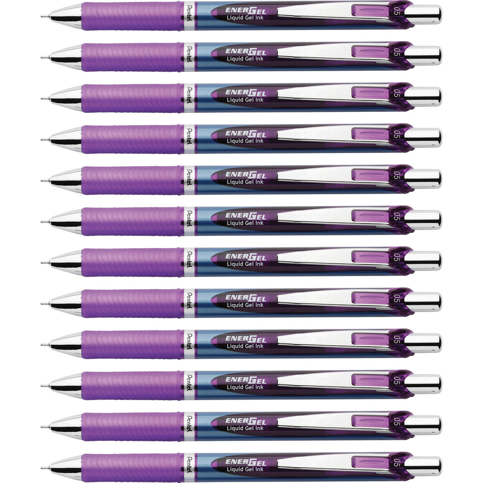 EnerGel EnerGel RTX Liquid Gel Pens - 0.5 mm Fine Needle Pen Point - Refillable - Retractable - Violet Ink - Gel-based - Blue Stainless Steel Barrel - Metal Tip - 1 Dozen