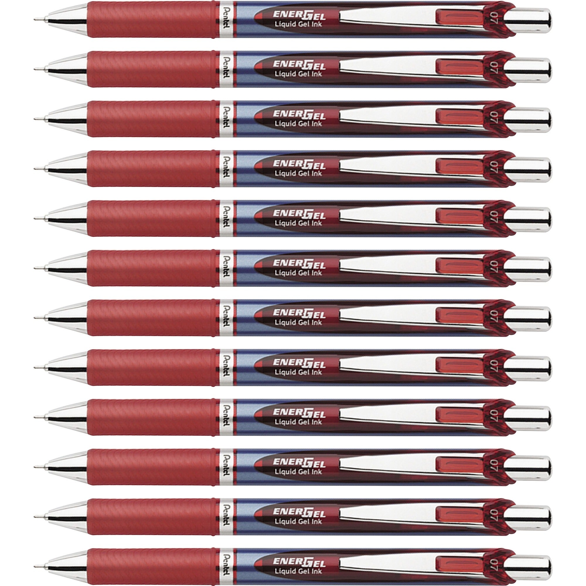 EnerGel EnerGel RTX Liquid Gel Pens - 0.7 mm Medium Needle Pen Point - Refillable - Retractable - Red Ink - Gel-based - Blue Barrel - Stainless Steel Tip - 12 / Box