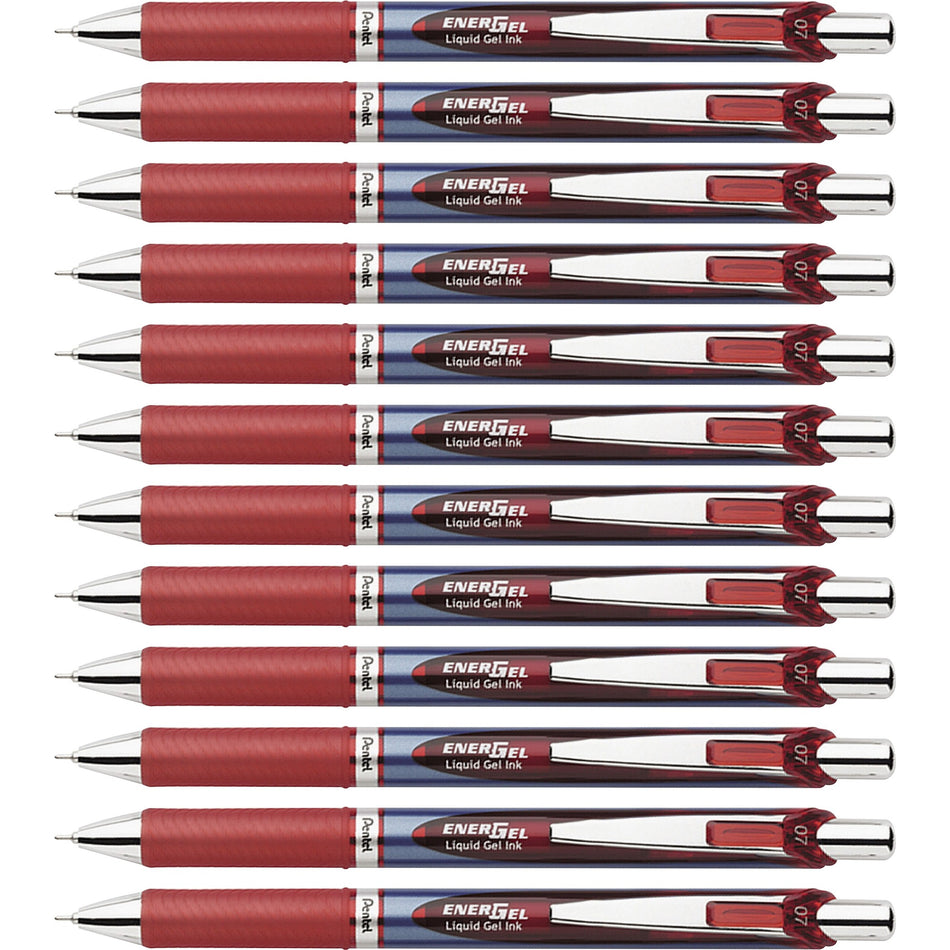 EnerGel EnerGel RTX Liquid Gel Pens - 0.7 mm Medium Needle Pen Point - Refillable - Retractable - Red Ink - Gel-based - Blue Barrel - Stainless Steel Tip - 12 / Box