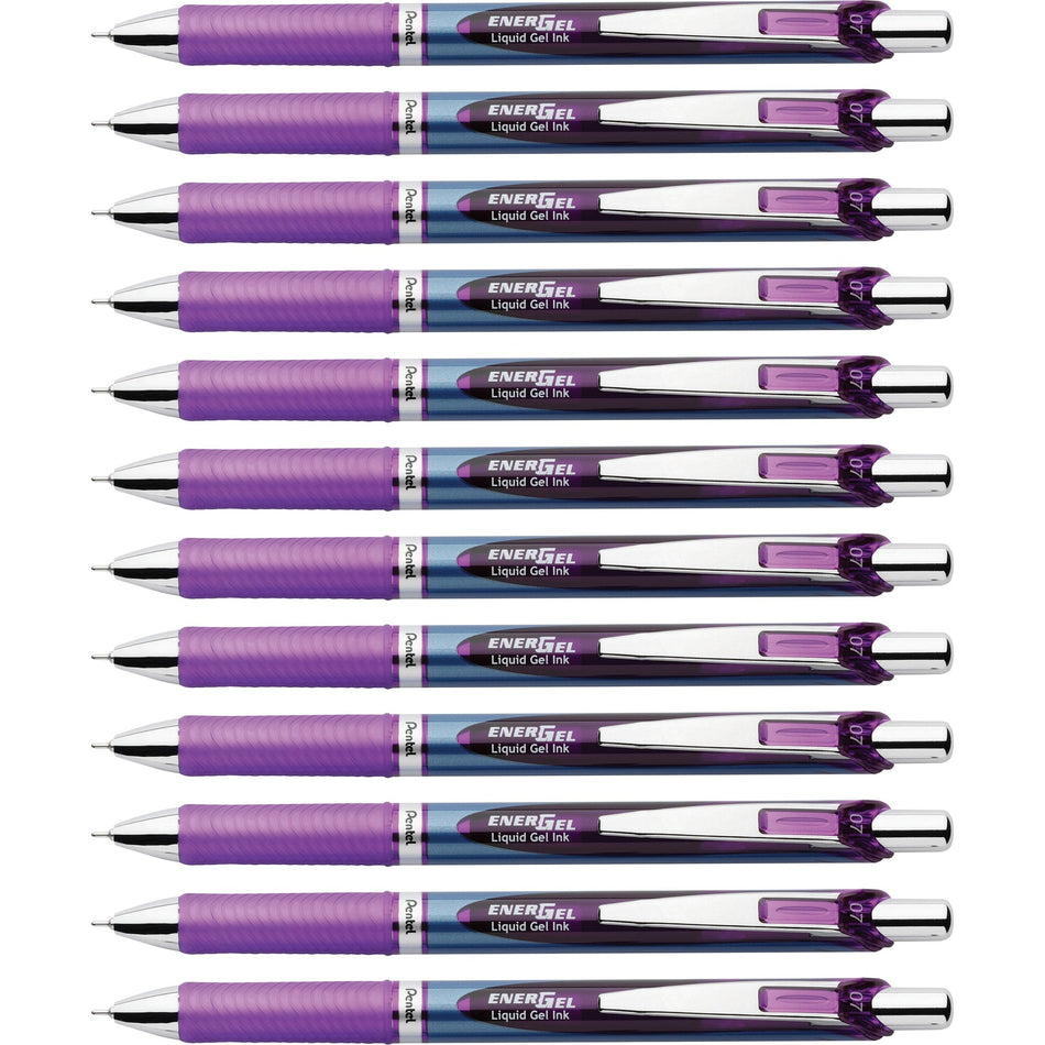 EnerGel EnerGel RTX Liquid Gel Pens - 0.7 mm Medium Needle Pen Point - Refillable - Retractable - Violet Ink - Gel-based - Blue Barrel - Stainless Steel Tip - 12 / Box