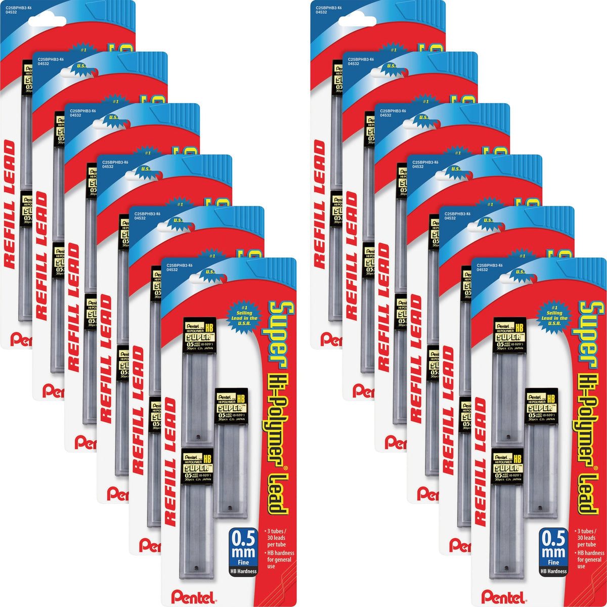 Pentel Super Hi-Polymer Leads - 0.5 mm , Fine Point - HB - Graphite Lead - 30/Tube - 36 / Box