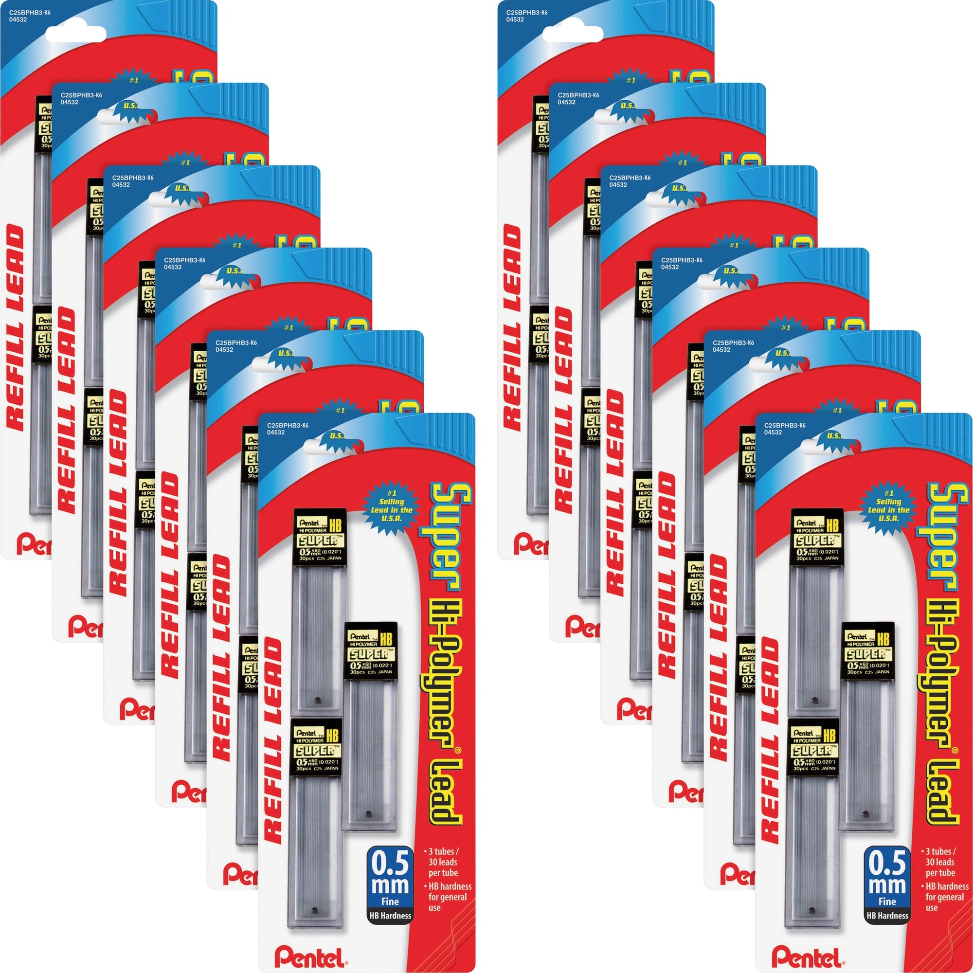 Pentel Super Hi-Polymer Leads - 0.5 mm , Fine Point - HB - Graphite Lead - 30/Tube - 36 / Box