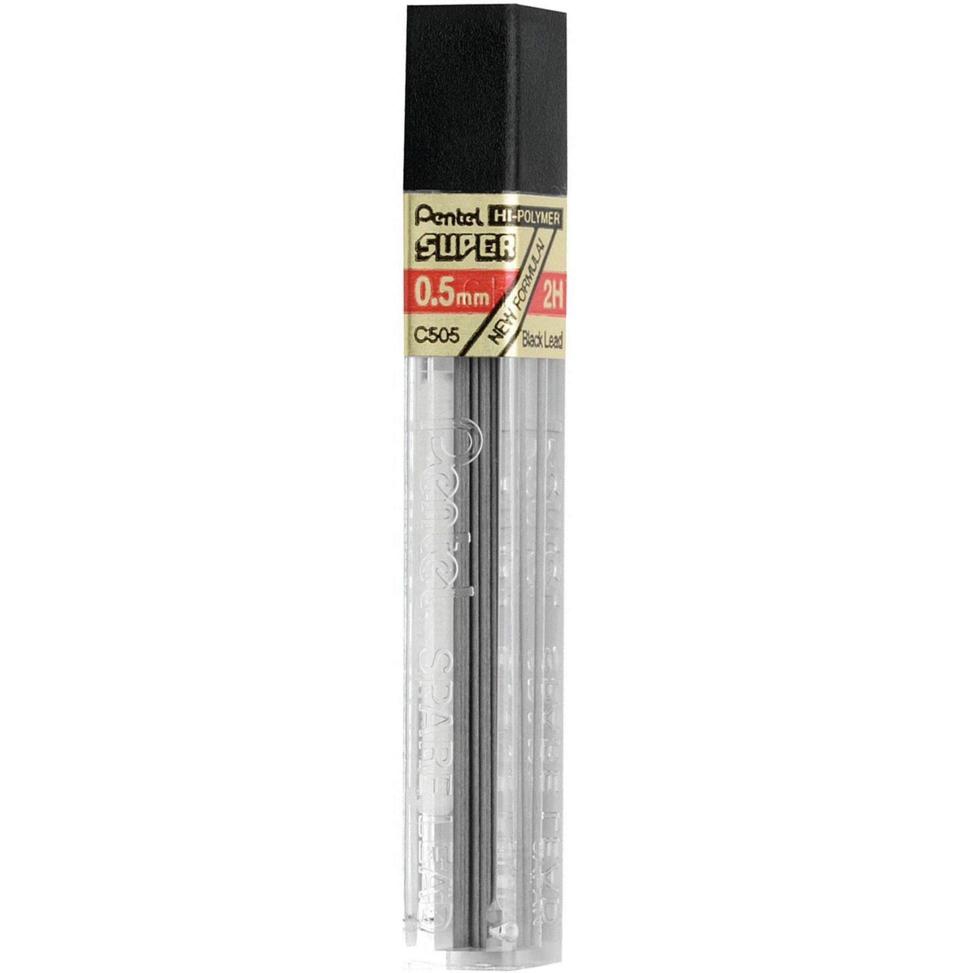 Pentel Super Hi-Polymer Leads - 0.5 mm , Fine Point - 2H - Black Lead - 12/Tube - 12 / Box