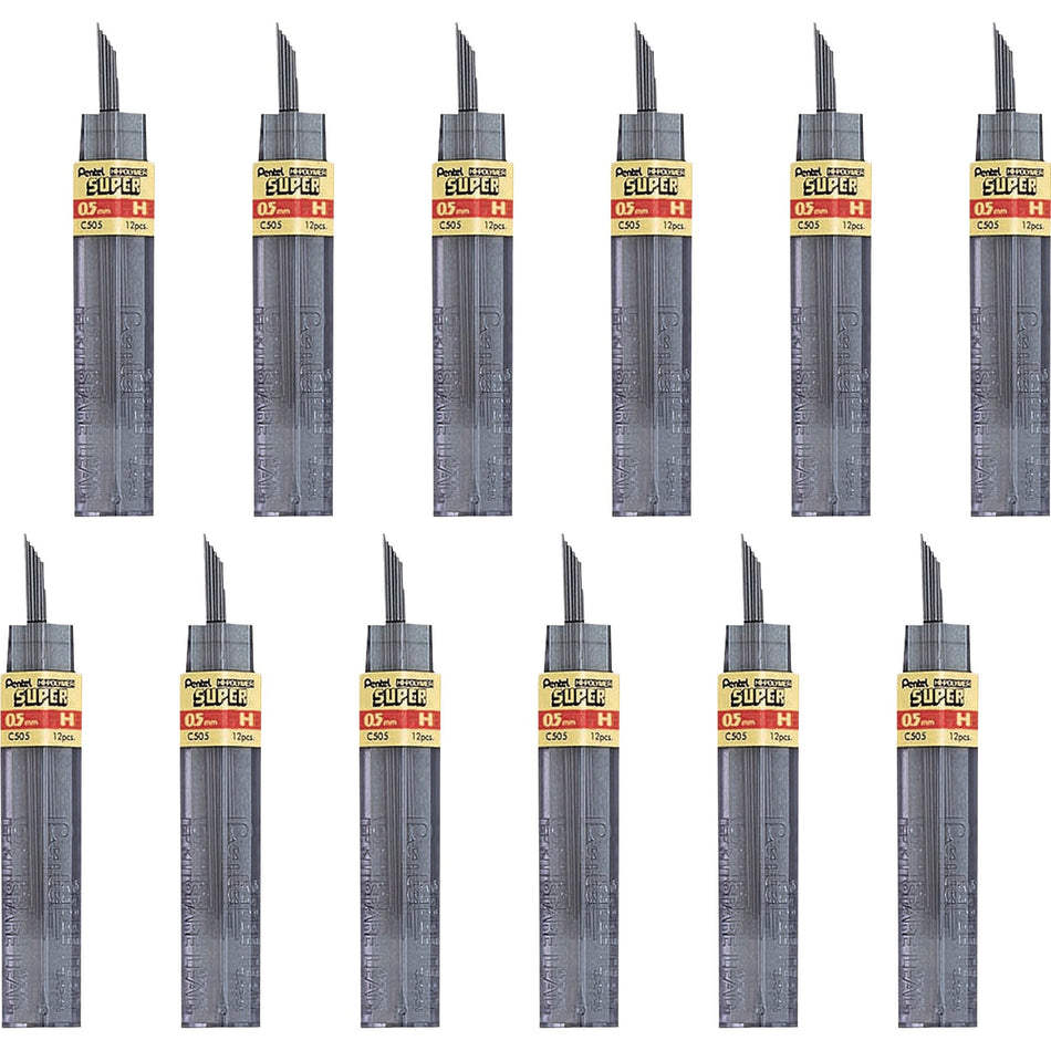 Pentel Super Hi-Polymer Leads - 0.5 mm , Fine Point - H - Black Lead - 12/Tube - 12 / Box