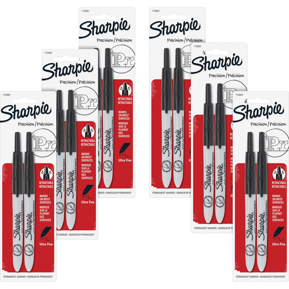 Sharpie Retractable Ultra-Fine Point Permanent Markers - Ultra Fine Marker Point - Retractable - Black Ink - 2/Pack - 6 / Box