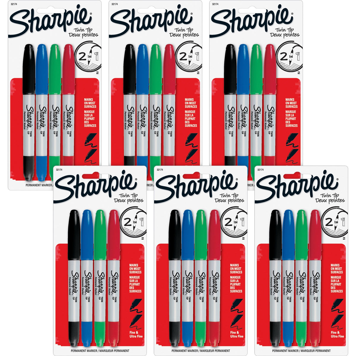 Sharpie Twin Tip Permanent Markers - 0.3 mm Ultra Fine, 1 mm Fine Marker Point - Red, Green, Blue, Black Ink - Alcohol Based - 4/Set - 6 / Bag