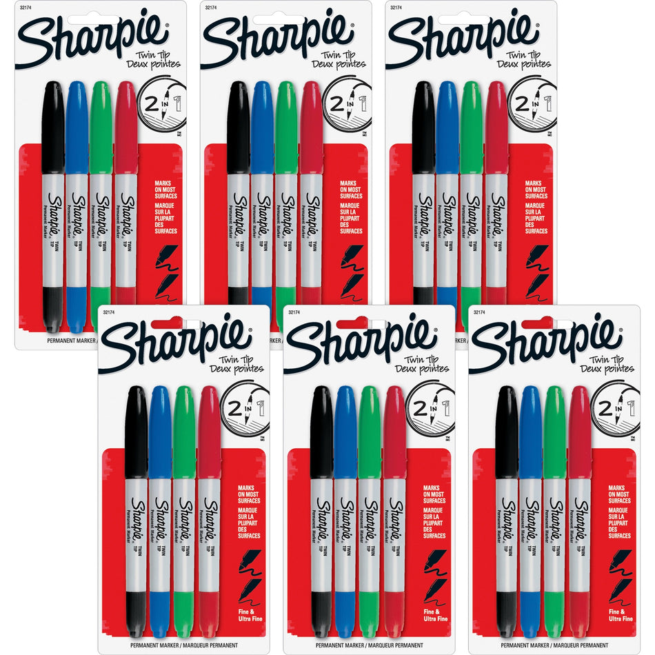Sharpie Twin Tip Permanent Markers - 0.3 mm Ultra Fine, 1 mm Fine Marker Point - Red, Green, Blue, Black Ink - Alcohol Based - 4/Set - 6 / Bag