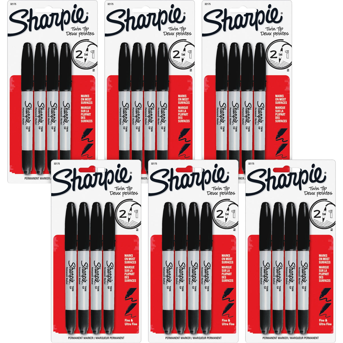Sharpie Twin Tip Permanent Markers - Fine, Ultra Fine Marker Point - Black Ink - Alcohol Based - 4/Pack - 6 / Bag