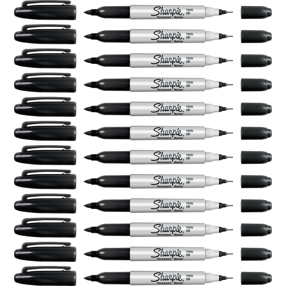 Sharpie Twin Tip Permanent Markers - Ultra Fine, Fine Marker Point - Black Ink - Alcohol Based - 12 / Box