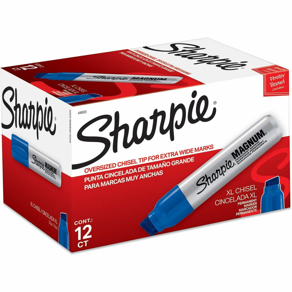 Sharpie Magnum Permanent Marker - 15.87 mm Jumbo Chisel Marker Point - Blue Ink - Silver Plastic Barrel - Felt Tip - 12 / Box