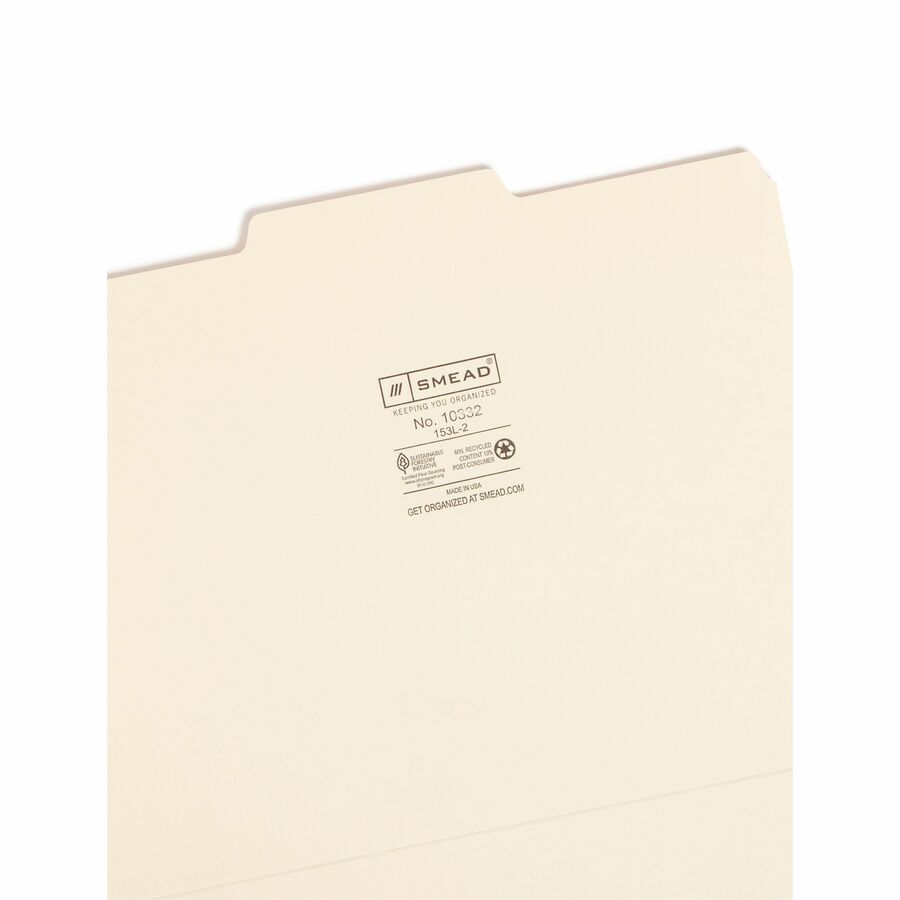 Smead 1/3 Tab Cut Letter Recycled Top Tab File Folder - 8 1/2" x 11" - 3/4" Expansion - Top Tab Location - Center Tab Position - 11 pt. - 1 Plys - Manila - Sturdy - 10% Recycled - 100/Box - 5 / Carton