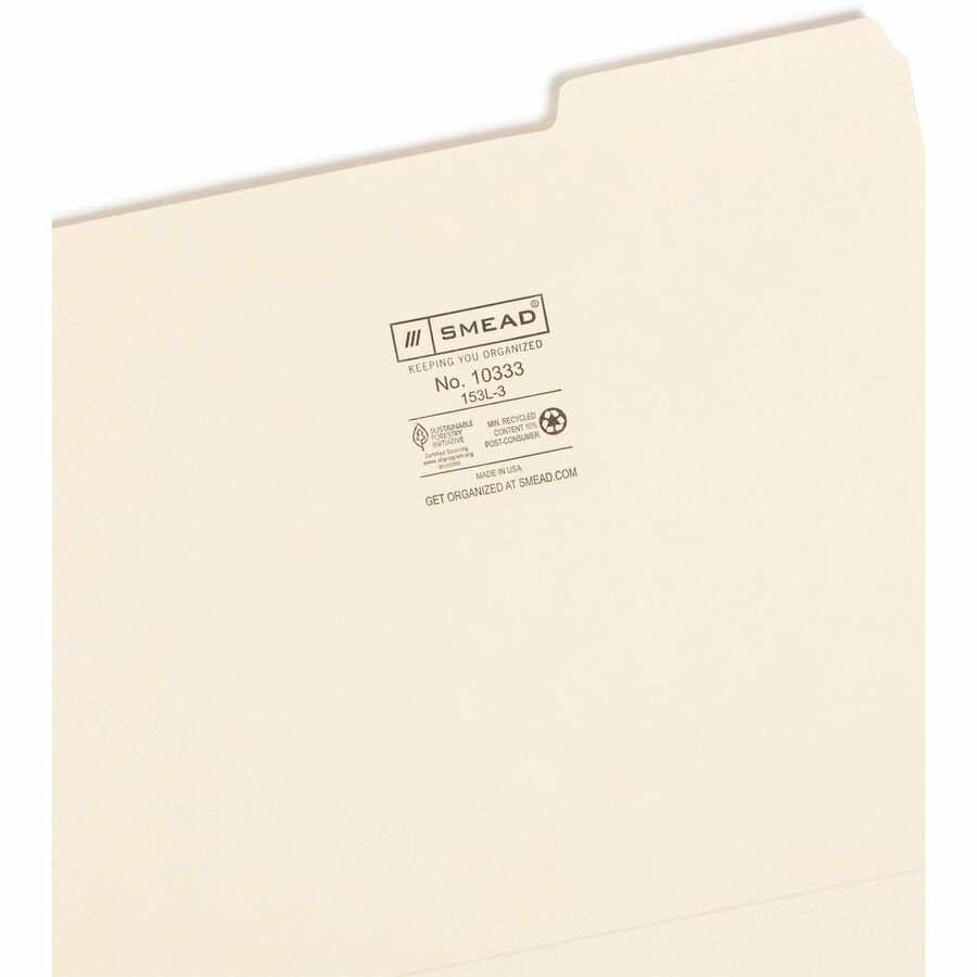 Smead 1/3 Tab Cut Letter Recycled Top Tab File Folder - 8 1/2" x 11" - 3/4" Expansion - Top Tab Location - Right Tab Position - 11 pt. - 1 Plys - Manila - Sturdy - 10% Recycled - 100/Box - 5 / Carton