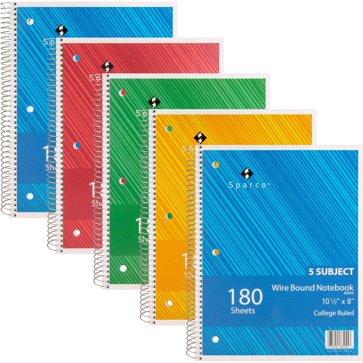 Sparco Wirebound College Ruled Notebooks - 180 Sheets - Wire Bound - College Ruled Front Ruling - Unruled Margin - 8" x 10 1/2" Sheet Size - Assorted Paper - Assorted Chipboard Cover - Resist Bleed-through, Subject, Stiff-back, Stiff-cover - 5 / Bundle