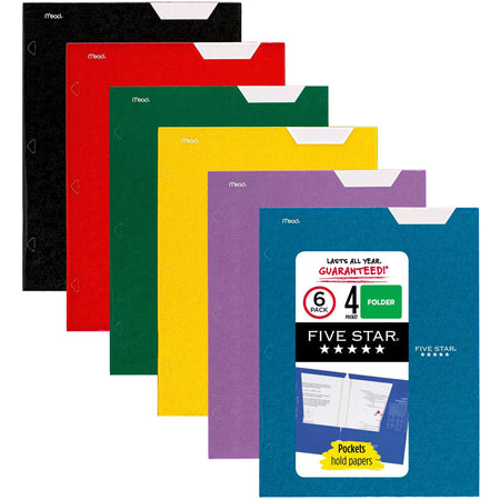 Five Star Letter Portfolio - 8 1/2" x 11" - 4 Pocket(s) - Paper - Black, Blue, Green, Purple, Red, Yellow - 0% Recycled - 6 / Pack