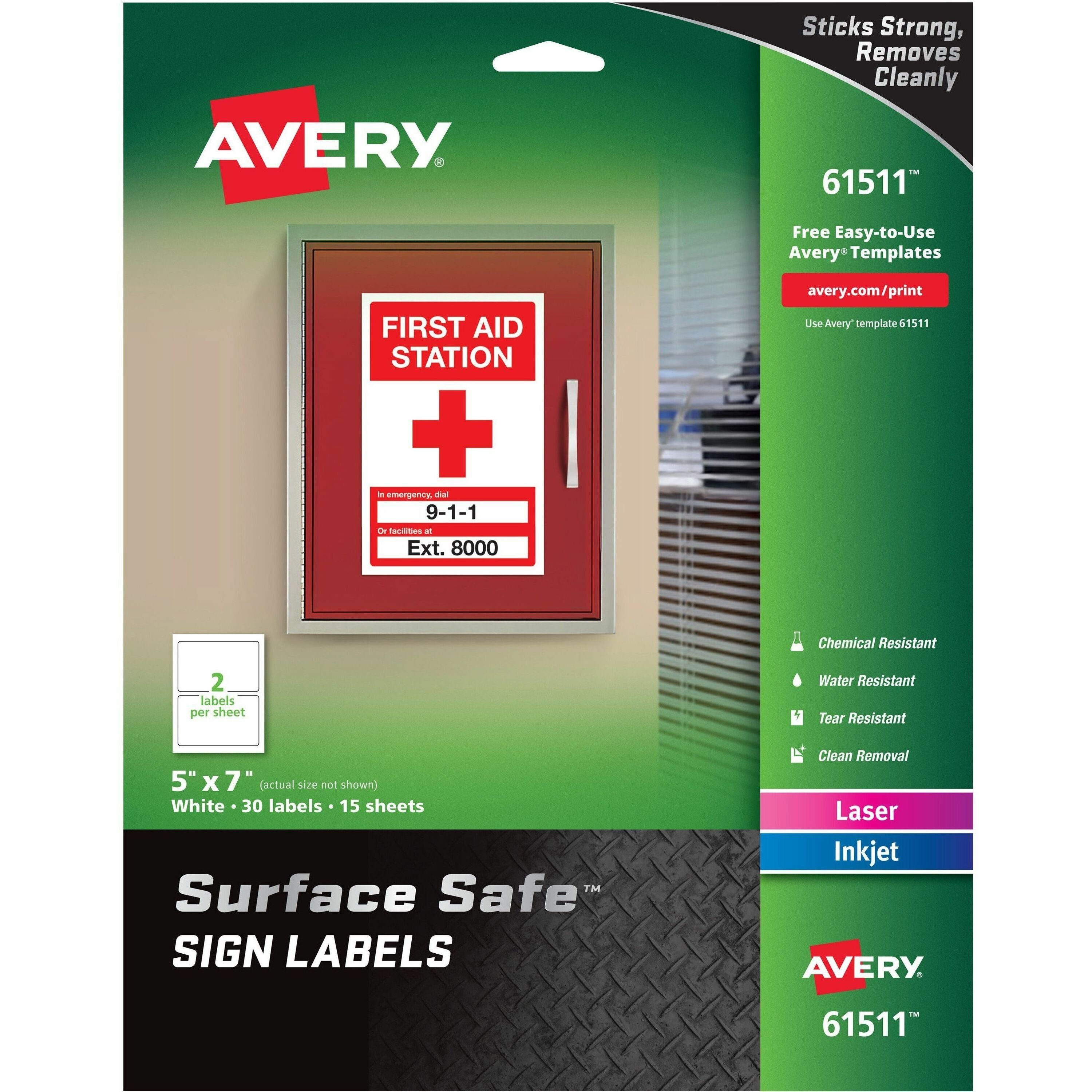 Avery®  5"x7" Removable Label Safety Signs - 5" Width x 7" Length - Removable Adhesive - Rectangle - Laser, Inkjet - White - Film - Water Resistant - 2 / Sheet - 15 Total Sheets - 30 Total Label(s) - 30 / Pack