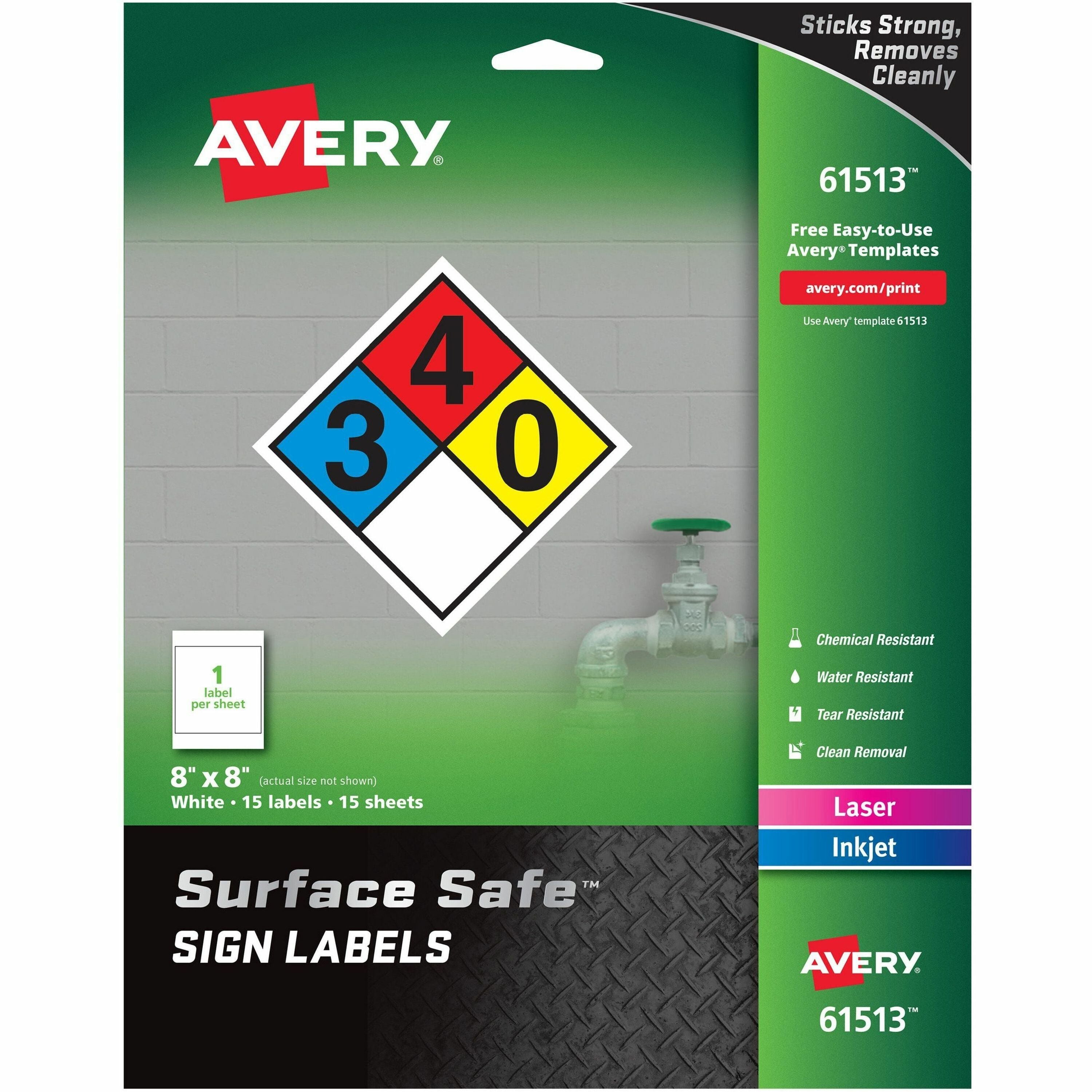Avery®  8"x8" Removable Label Safety Signs - 8" Width x 8" Length - Removable Adhesive - Rectangle - Laser, Inkjet - White - Film - Water Resistant - 1 / Sheet - 15 Total Sheets - 15 Total Label(s) - 15 / Pack