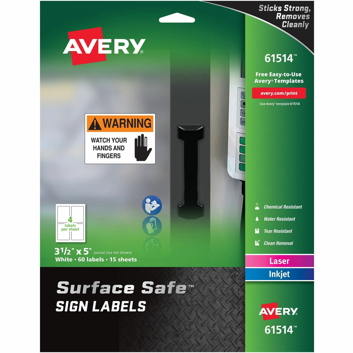 Avery®  3-1/2"x5" Removable Label Safety Signs - 3 1/2" Width x 5" Length - Removable Adhesive - Rectangle - Laser, Inkjet - White - Film - Water Resistant - 4 / Sheet - 15 Total Sheets - 60 Total Label(s) - 60 / Pack