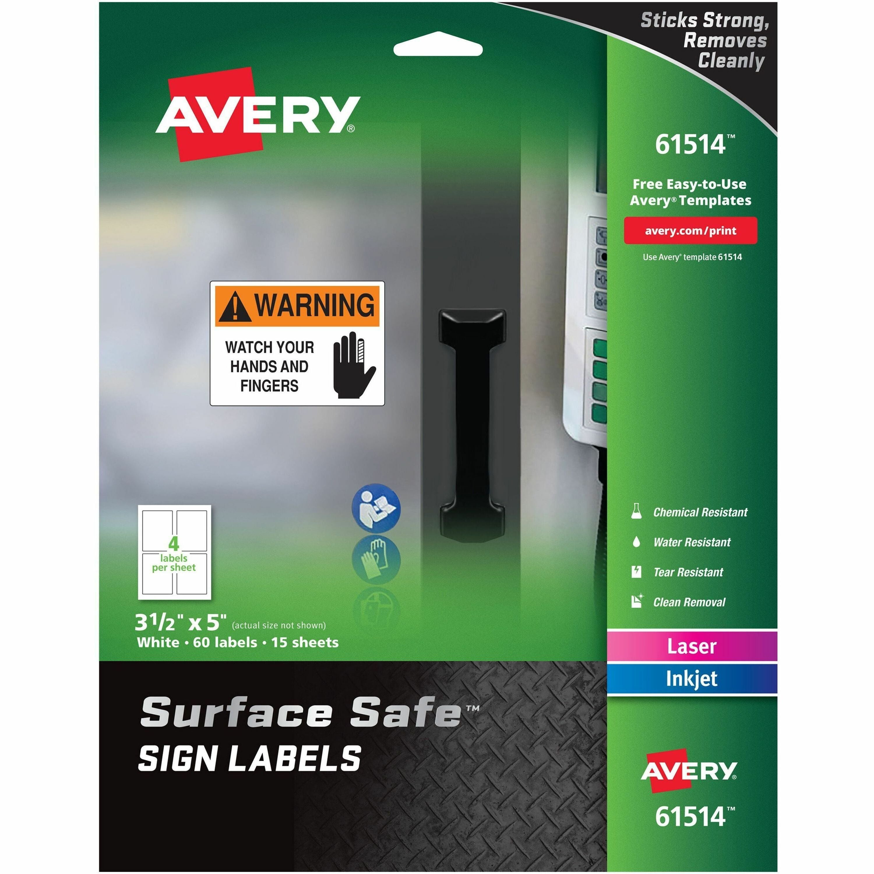 Avery®  3-1/2"x5" Removable Label Safety Signs - 3 1/2" Width x 5" Length - Removable Adhesive - Rectangle - Laser, Inkjet - White - Film - Water Resistant - 4 / Sheet - 15 Total Sheets - 60 Total Label(s) - 60 / Pack