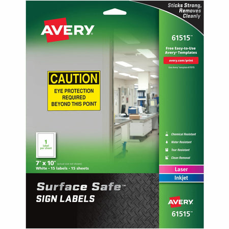 Avery®  7"x10" Removable Label Safety Signs - 7" Width x 10" Length - Removable Adhesive - Rectangle - Laser, Inkjet - White - Film - Water Resistant - 1 / Sheet - 15 Total Sheets - 15 / Pack