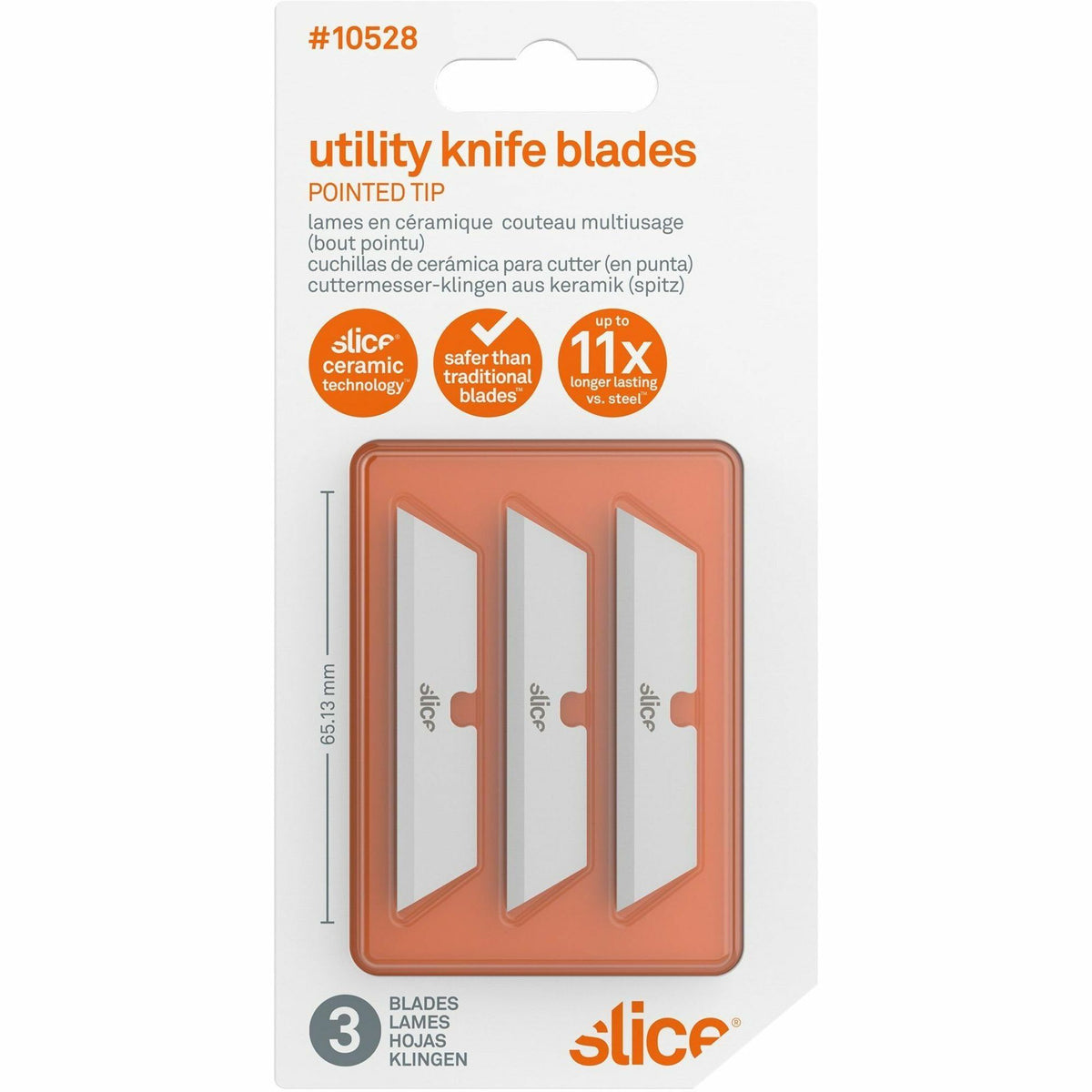 Slice Pointed Tip Ceramic Utility Blades - 2.60" Length - Pointed Tip, Non-conductive, Non-magnetic, Reversible, Retractable, Rust Resistant, Non-sparking - Zirconium Oxide - White - 3 / Pack