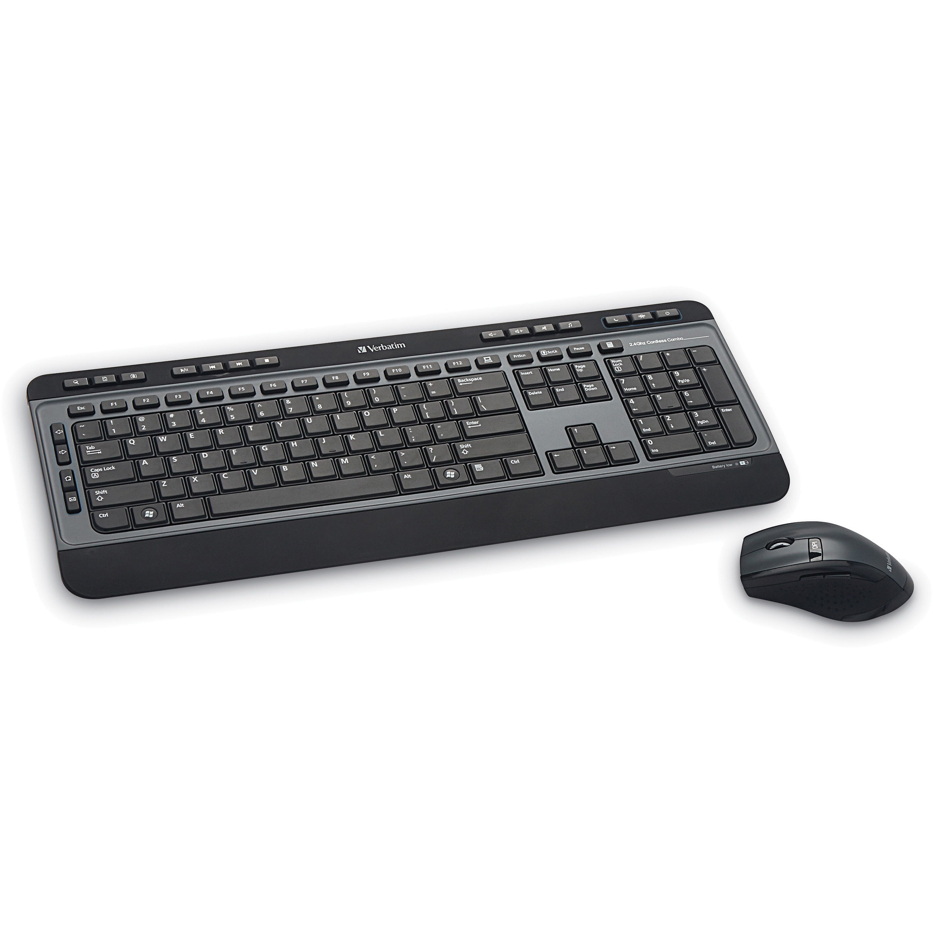 Verbatim Wireless Multimedia Keyboard and 6-Button Mouse Combo - Black - USB Type A Wireless RF - Black - USB Type A Wireless RF - Optical - Scroll Wheel - Black - Multimedia Hot Key(s) - AA, AAA - Compatible with Windows, Mac OS, Linux - 1 Each