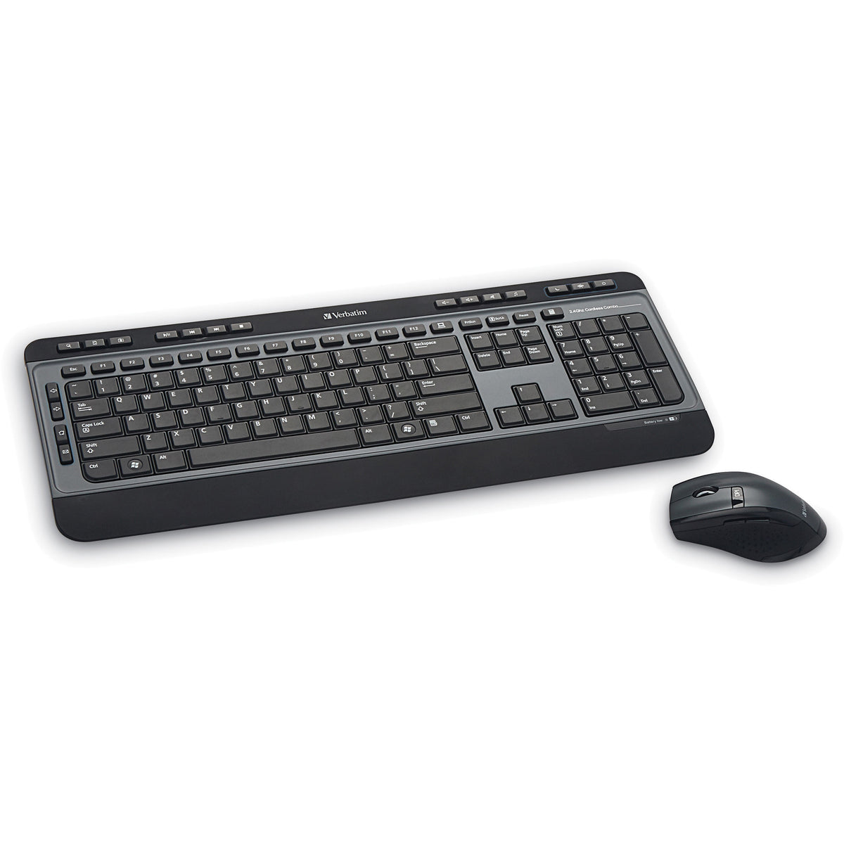 Verbatim Wireless Multimedia Keyboard and 6-Button Mouse Combo - Black - USB Type A Wireless RF - Black - USB Type A Wireless RF - Optical - Scroll Wheel - Black - Multimedia Hot Key(s) - AA, AAA - Compatible with Windows, Mac OS, Linux - 1 Each