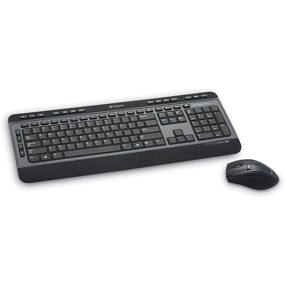 Verbatim Wireless Multimedia Keyboard and 6-Button Mouse Combo - Black - USB Type A Wireless RF - Black - USB Type A Wireless RF - Optical - Scroll Wheel - Black - Multimedia Hot Key(s) - AA, AAA - Compatible with Windows, Mac OS, Linux - 1 Each