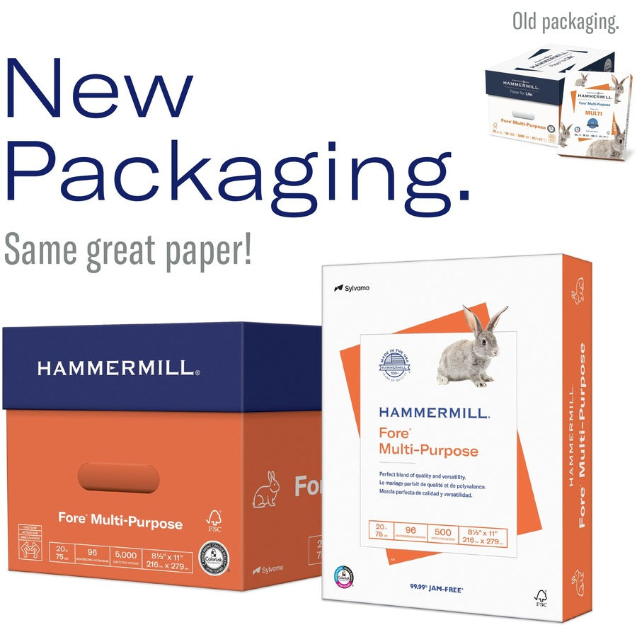 Hammermill Fore Multipurpose Copy Paper - White - 96 Brightness - Letter - 8 1/2" x 11" - 20 lb Basis Weight - Acid-free - White - 500 Sheets per Ream - 10 / Carton
