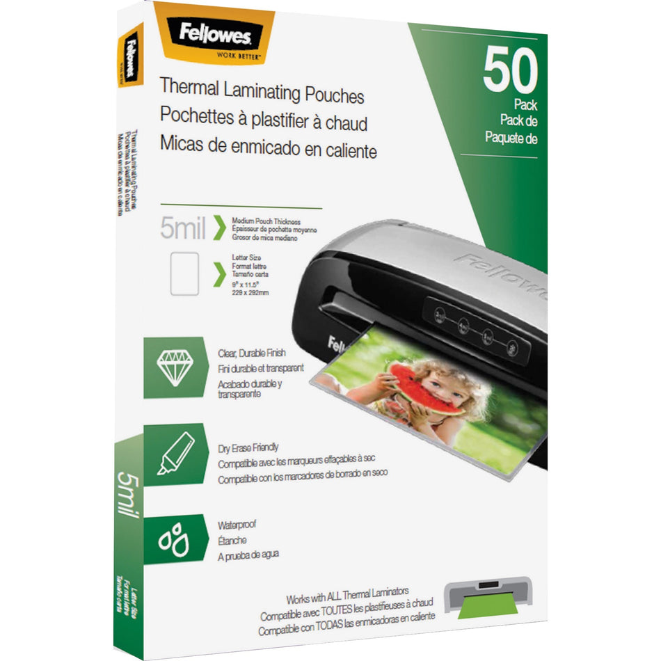 Fellowes Letter-Size Thermal Laminating Pouches - Sheet Size Supported: Letter 8.50" Width x 11" Length - Laminating Pouch/Sheet Size: 9" Width x 5 mil Thickness - Glossy - for Document - Photo-safe, Durable - Clear - 50 / Pack
