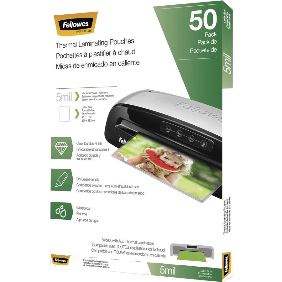 Fellowes Letter-Size Thermal Laminating Pouches - Sheet Size Supported: Letter 8.50" Width x 11" Length - Laminating Pouch/Sheet Size: 9" Width x 5 mil Thickness - Glossy - for Document - Photo-safe, Durable - Clear - 50 / Pack
