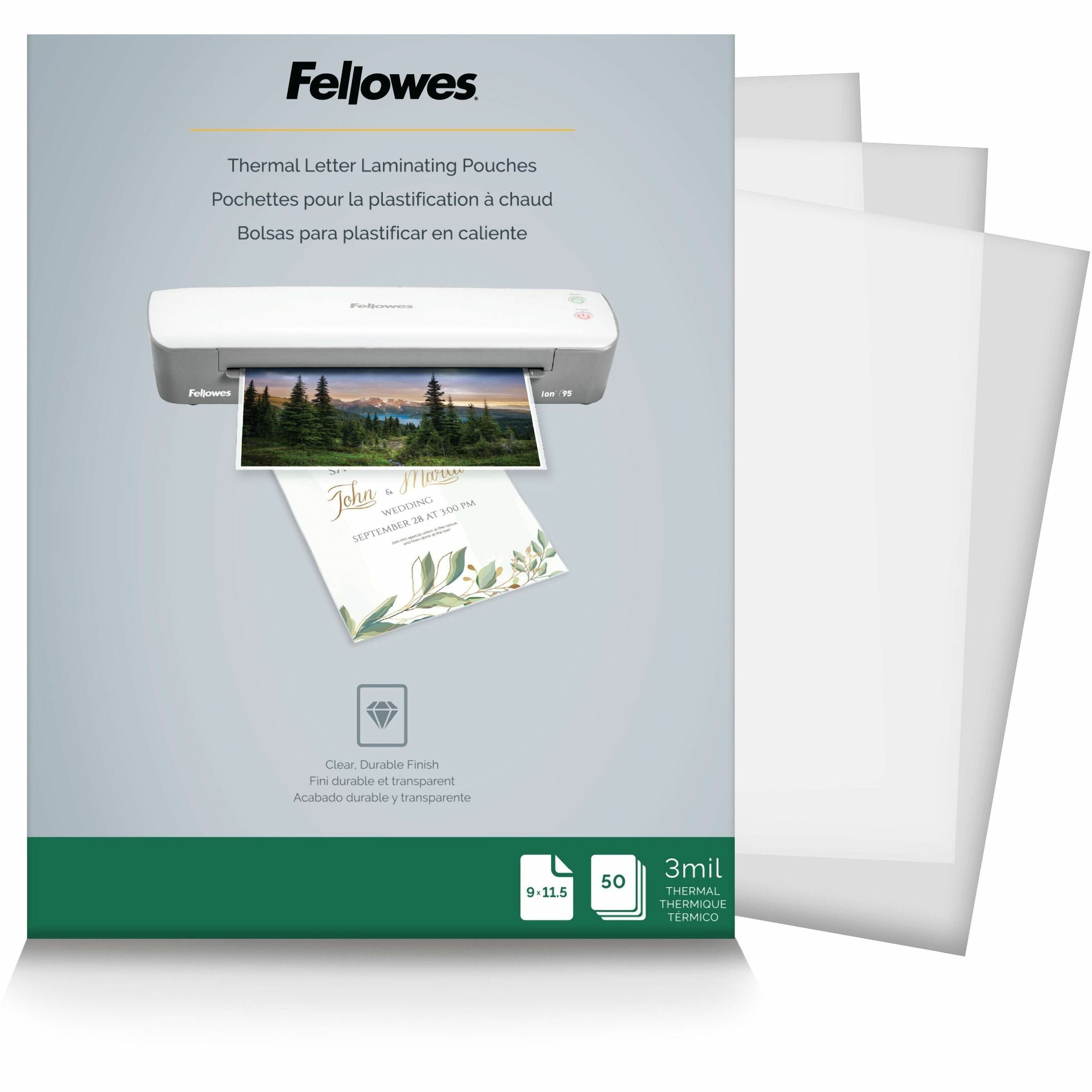 Fellowes Letter-Size Thermal Laminating Pouches - Sheet Size Supported: Letter 8.50" Width x 11" Length - Laminating Pouch/Sheet Size: 9" Width x 3 mil Thickness - Glossy - for Document - Photo-safe, Durable - Clear - 50 / Pack