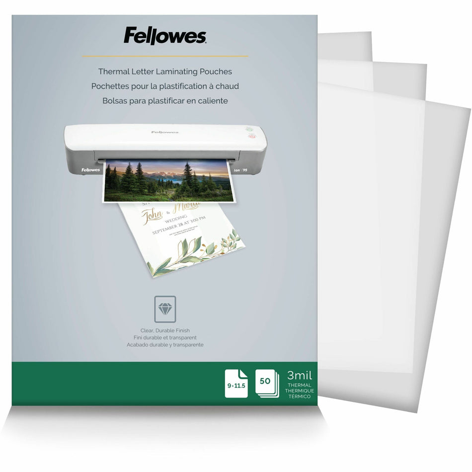 Fellowes Letter-Size Thermal Laminating Pouches - Sheet Size Supported: Letter 8.50" Width x 11" Length - Laminating Pouch/Sheet Size: 9" Width x 3 mil Thickness - Glossy - for Document - Photo-safe, Durable - Clear - 50 / Pack