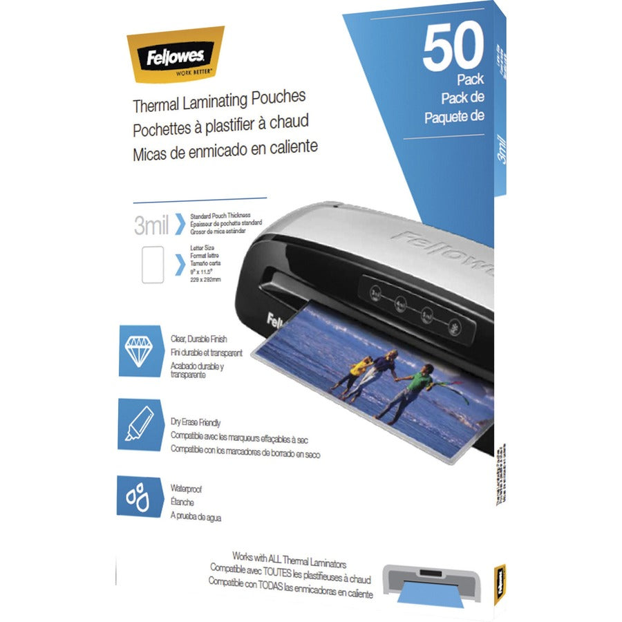 Fellowes Letter-Size Thermal Laminating Pouches - Sheet Size Supported: Letter 8.50" Width x 11" Length - Laminating Pouch/Sheet Size: 9" Width x 3 mil Thickness - Glossy - for Document - Photo-safe, Durable - Clear - 50 / Pack