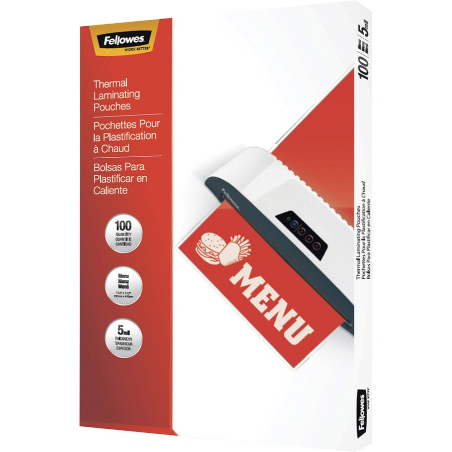 Fellowes Menu Size Thermal Laminating Pouches - Sheet Size Supported: Menu 11.50" Width x 17.50" Length - Laminating Pouch/Sheet Size: 11.50" Width x 5 mil Thickness - Glossy - for Document, Menu - Photo-safe, Durable - Clear - 100 / Pack
