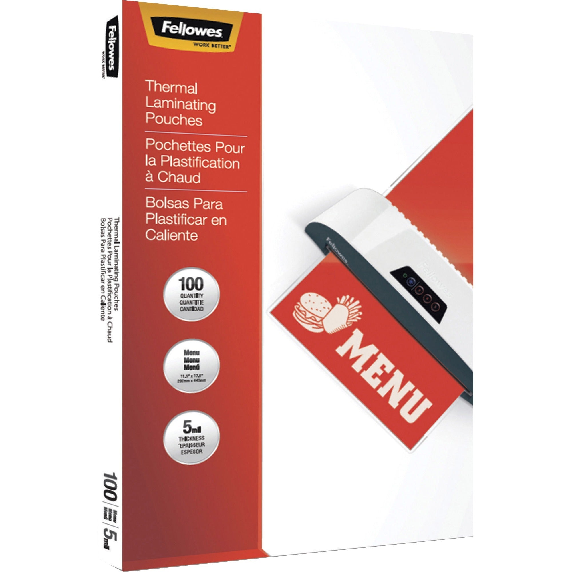 Fellowes Menu Size Thermal Laminating Pouches - Sheet Size Supported: Menu 11.50" Width x 17.50" Length - Laminating Pouch/Sheet Size: 11.50" Width x 5 mil Thickness - Glossy - for Document, Menu - Photo-safe, Durable - Clear - 100 / Pack
