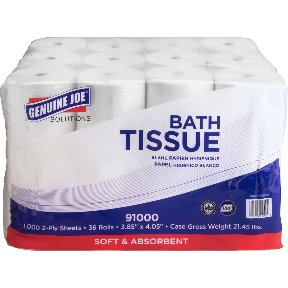 Genuine Joe Solutions Double Capacity Bath Tissue - 2 Ply - 1000 Sheets/Roll - WhitePack - 36/Pack - 56 / Pallet