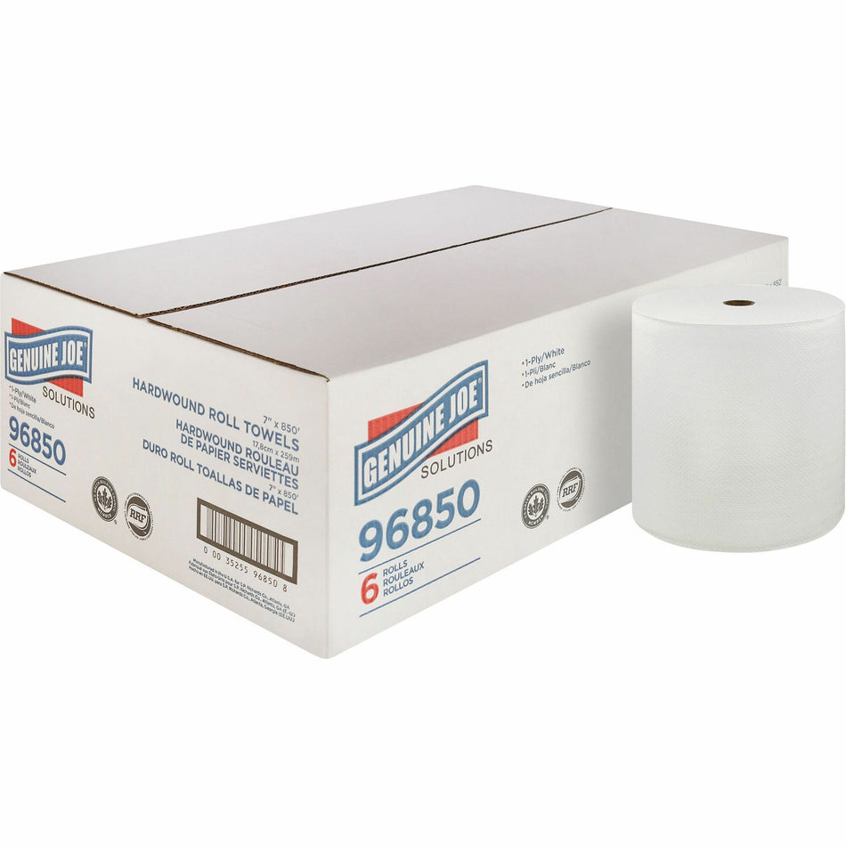 Genuine Joe Solutions Hardwound Paper Towels - 1 Ply - 7" Width x 850 ft Length - White - 390 / Pallet