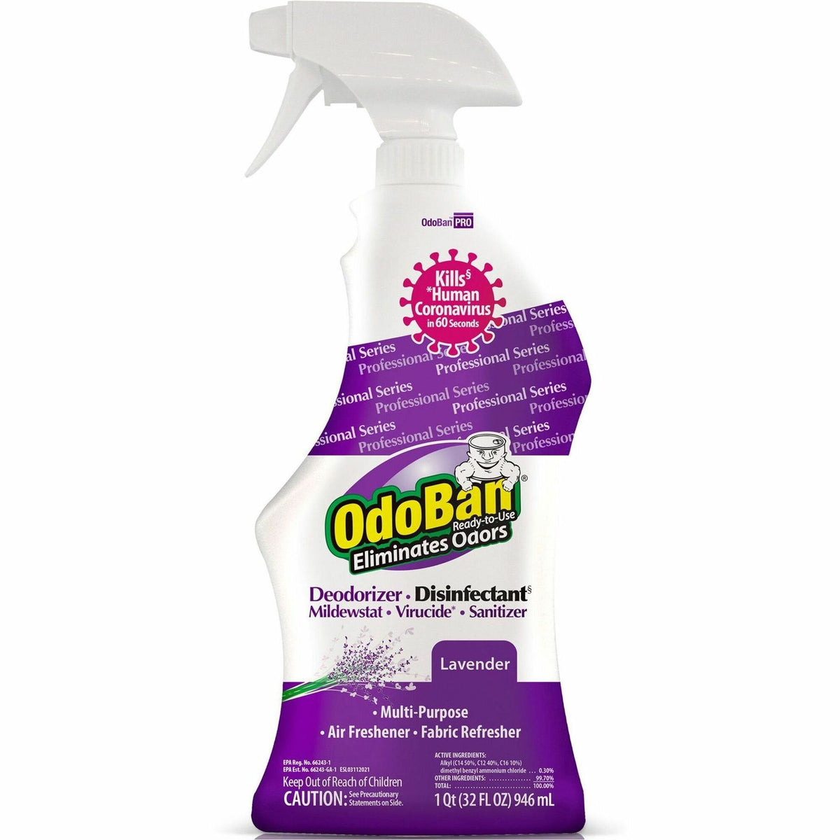 OdoBan Lavender Deodorizer Disinfectant Spray - Ready-To-Use - 32 fl oz (1 quart) - Lavender Scent - Deodorize, Disinfectant, Residue-free - Purple - 12 / Carton