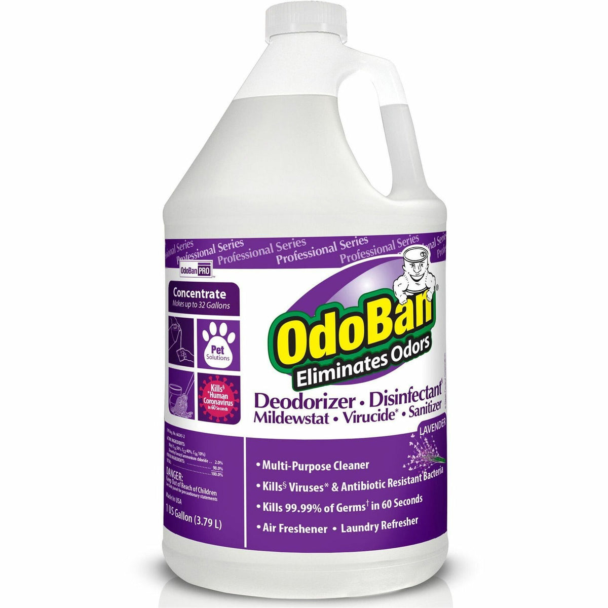 OdoBan Deodorizer Disinfectant Cleaner Concentrate - Concentrate - 128 fl oz (4 quart) - Lavender Scent - Deodorize, Disinfectant, Residue-free - Purple - 4 / Carton