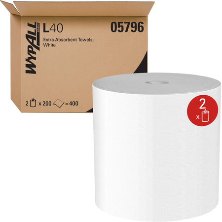 Wypall PowerClean L40 Extra Absorbent Towels - 10" Width x 13.20" Length - 200 Sheets/Roll - 400 Sheets - White - Cellulose, Plush - 2 / Carton
